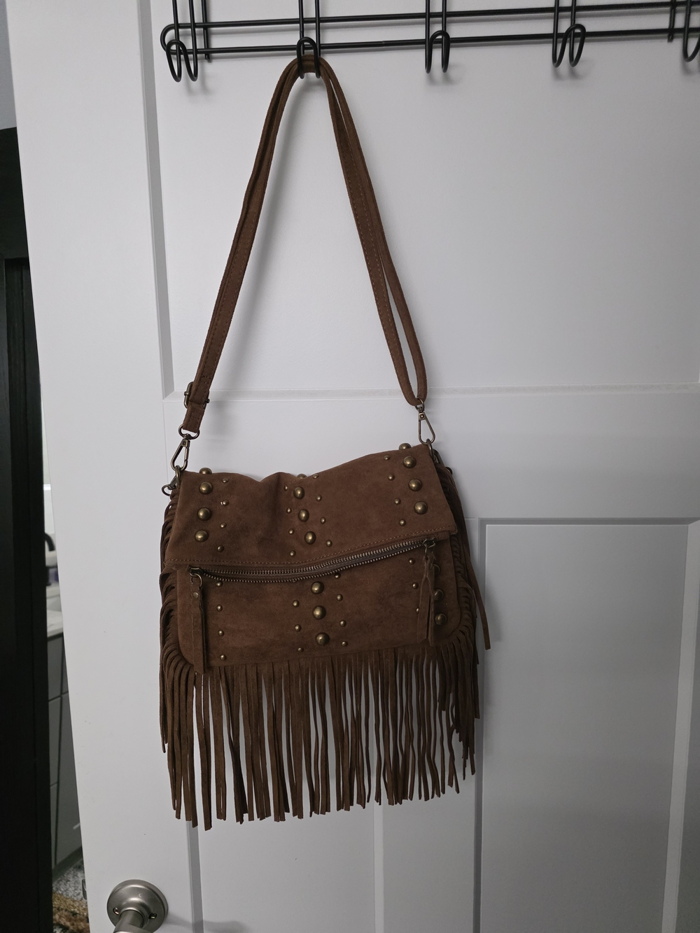 Brown Suede Fringe Crossbody Bag with Stud Accents